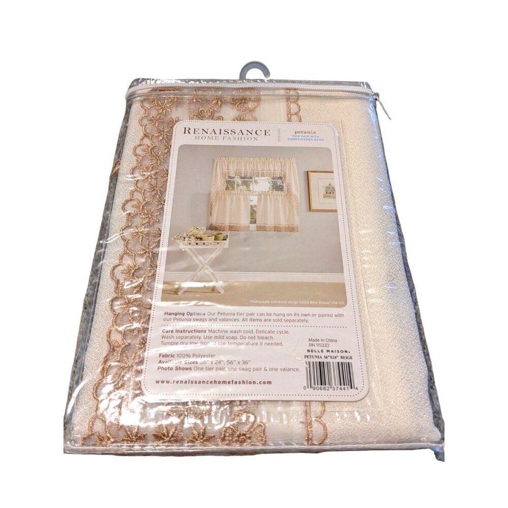 Renaissance Petunia Kitchen Curtain Tier Pair Embroidered Band Beige 56in x 24in